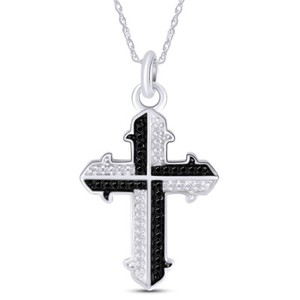 Authentic 1/5 Carat Black & Diamond Religious Cross Pendant 14K Gold Plated 18"
