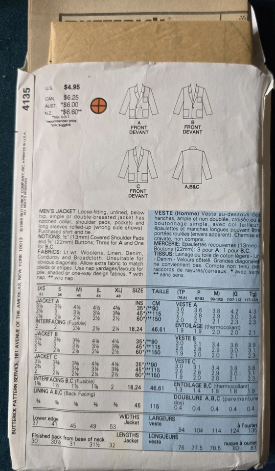 1980s Blazer Jacket Oversize Double Breasted Sewing Pattern  Butterick 4135 - Image 3 of 3