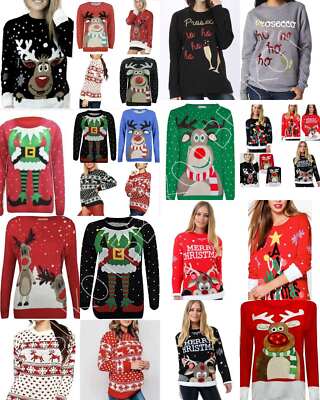 Ladies Women Girls Xmas Christmas Novelty Long Sleeve Jumper Sweater  Rudolph Top UK
