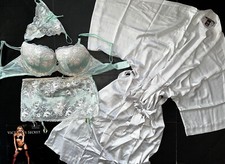 Victoria's Secret 36B BRA SET S,M garter skirt ROBE white silver mint SEDUCTION