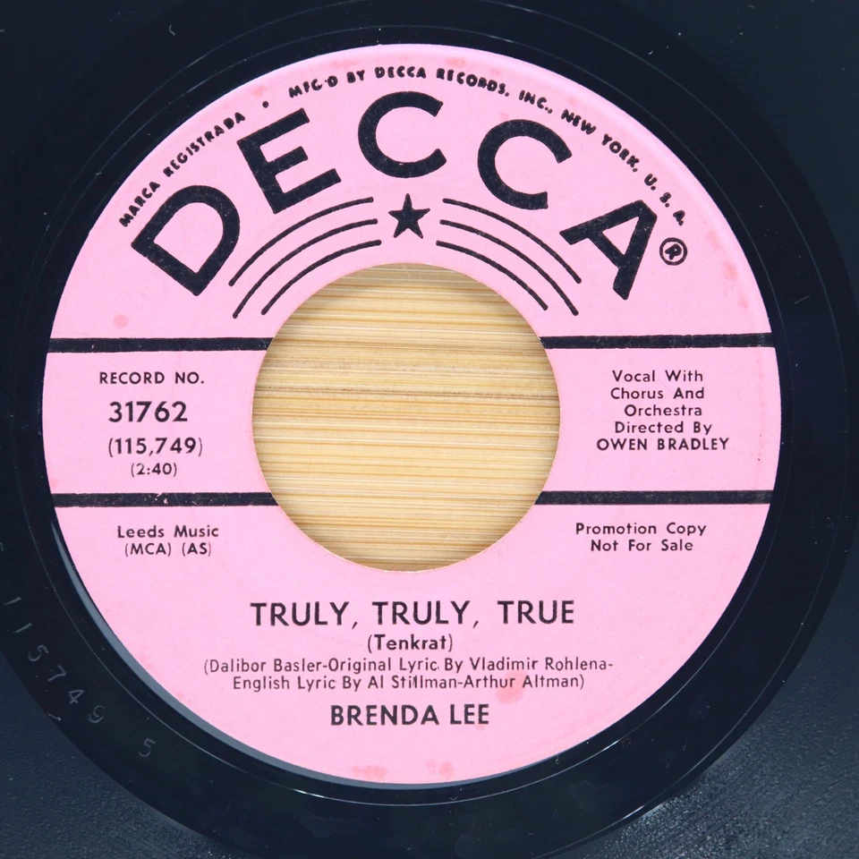 BRENDA LEE - I STILL MISS SOMEONE / TRULY, TRULY, TRUE - POP ROCK 45 PROMO DECCA - Image 2 of 2