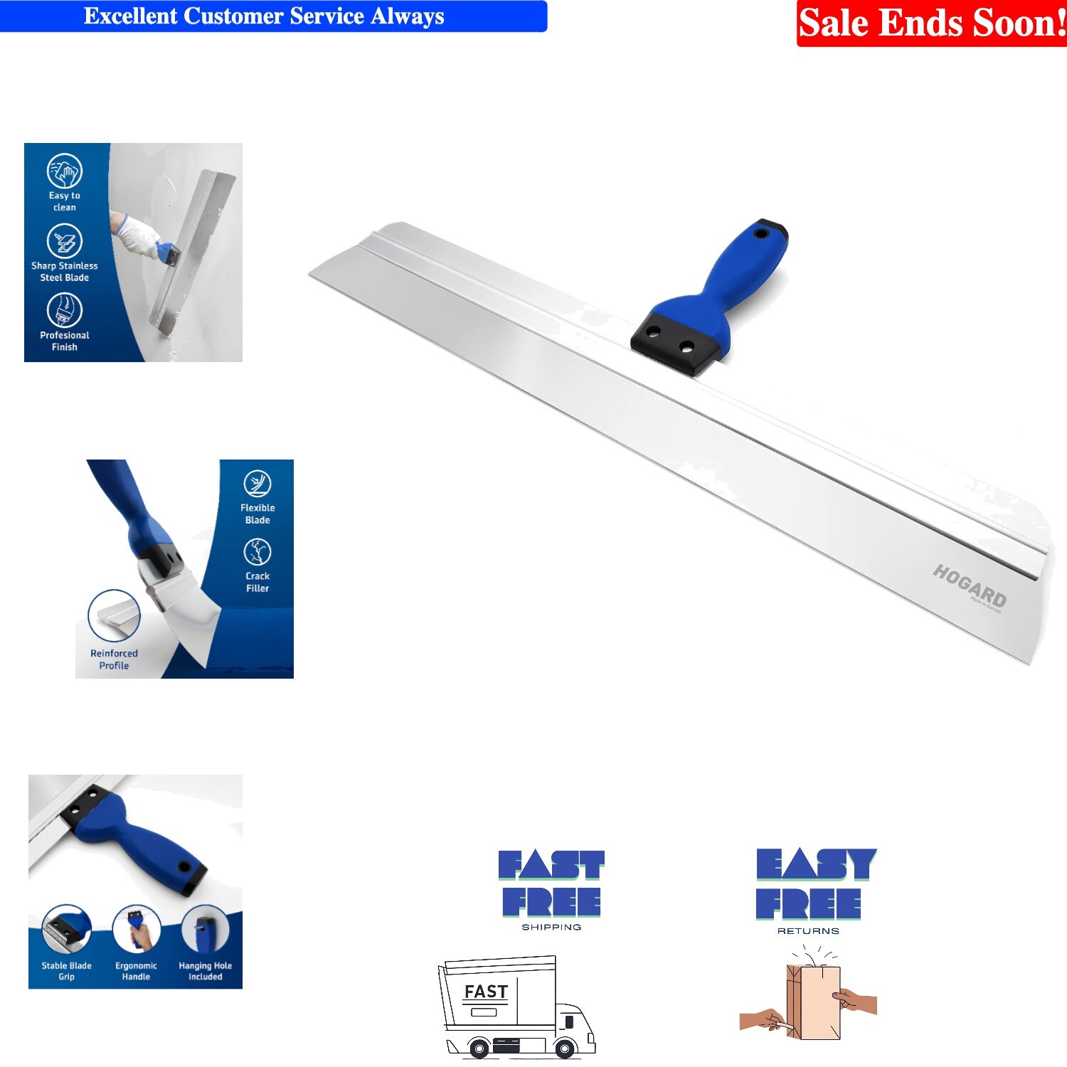 24-Inch Stainless Steel Taping Knife with Ergonomic Rubber Handle for Precision