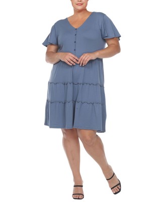 White Mark Women's Plus Size Short Sleeve V-neck Tiered Midi Dress (Blue, 2X)