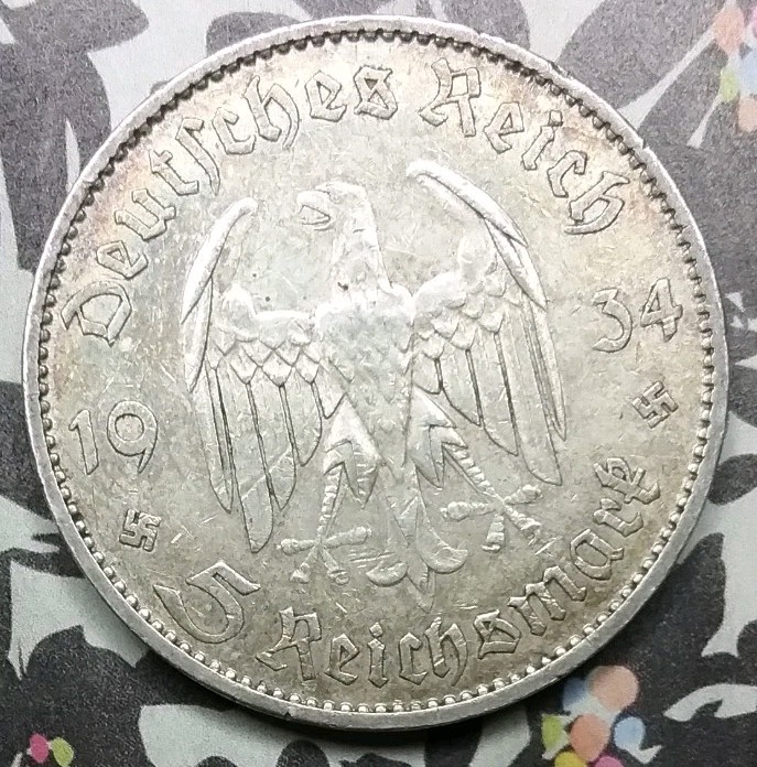1934-A German Silver 5 Mark KM#83 Rare Potsdam Garrison Church W/ Swastika 