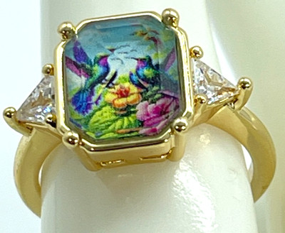 Ring Gold Tone Over 925 Unique Hummingbird/Flower Design Side CZ Accents Size 6
