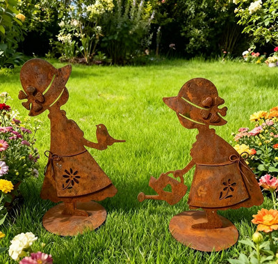 A Pair of Rustic Girl Figurine Wrought Iron Orna , Rustic Metal Yard Art Decor