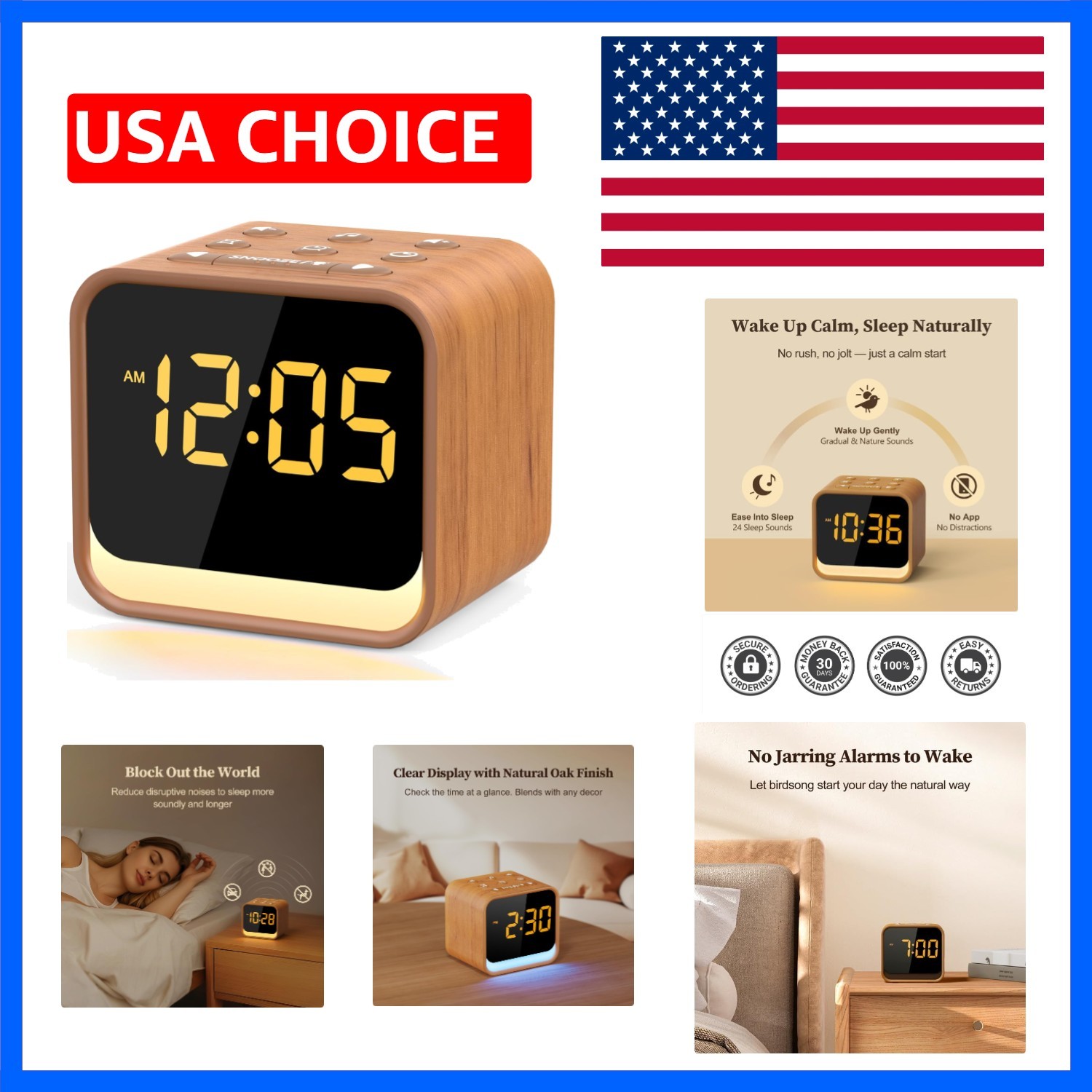 Housbay Wooden Sound Machine Alarm Clock for Bedrooms - Gentle Wake-Up with Bird