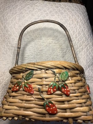 Vintage Wicker Basket Hand Painted Ceramic Strawberry Strawberries