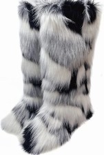 Faux Fur Animal Print Knee High Boot Cuff Leg Warmers Black White Gray