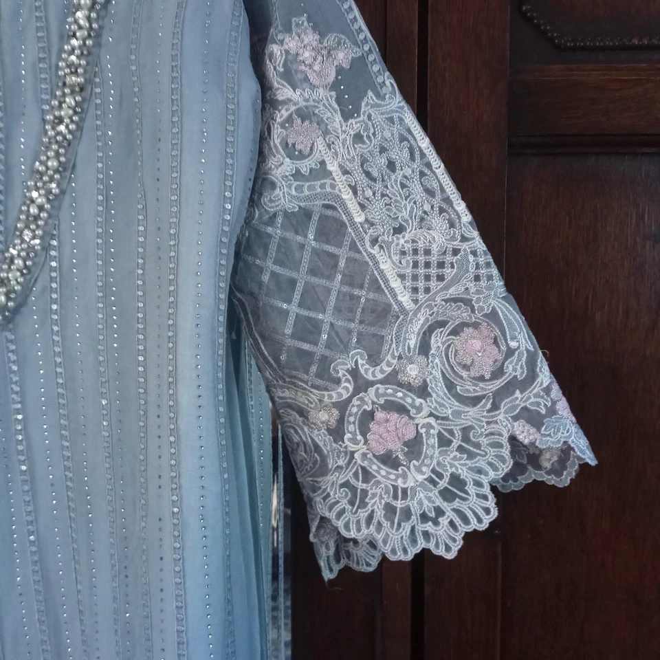 Traje Anarkali Salwar Kameez Cuentas Azules Cristales Bollywood Étnico Boda M/L Foto 4 de 4