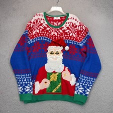 Holiday Time Santa Clause Christmas Sweater Mens 2XL Blue Fair Isle Drink Holder