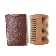Wooden Beard Comb with PU Leather Case Pocket Fine  Coarse Teeth...