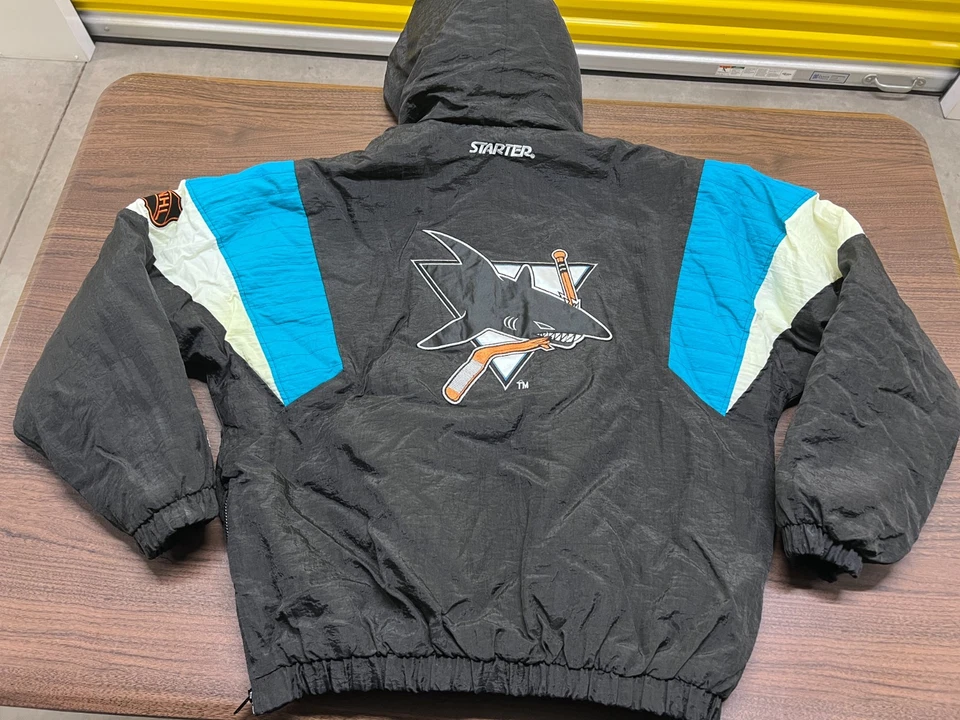 Винтажный San Jose акулы мужской черный НХЛ хоккей пуловер парка стартер куртка - большой - Изображение 2 из 4