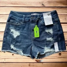 NWT SO Juniors Size 7 Blue Distressed Cutoff Denim Shortie Shorts 28” Waist