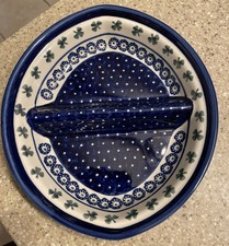 Boleslawiec Polish Pottery Divided Dish Blue Cobalt Green Shamrocks 10”x9”