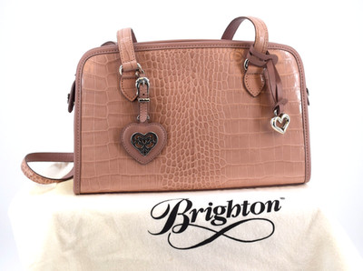 Brighton Blush Pink Croc Embossed Satchel Heart Charm Structured Handbag Purse