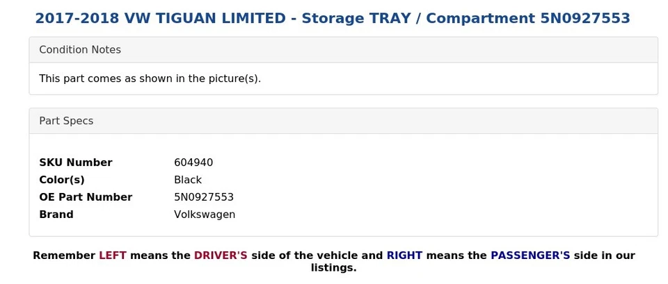 VW TIGUAN LIMITED 2017-2018 - Bandeja de almacenamiento/compartimiento 5N0927553 Foto 3 de 4