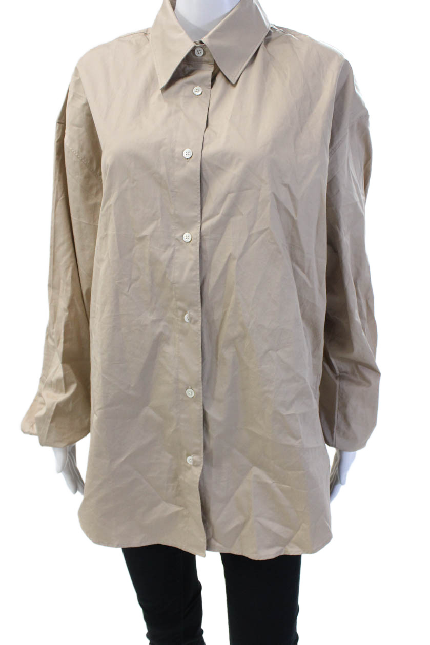 Sold Out Women Basic Button-Up Collared Beige Cot… - image 1