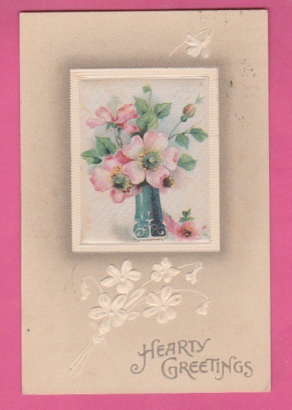 Greetings embossed postcard/vase with pink wild roses/white flowers on borders