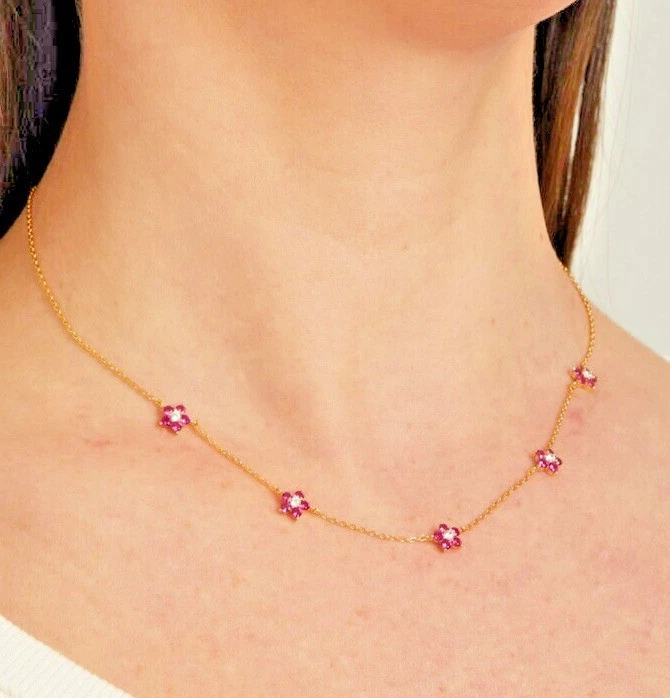 Flower Charm Necklace 5Ct Round Cut Lab Created Pink Ruby 14K Yellow Gold Plated - Image 2 of 4