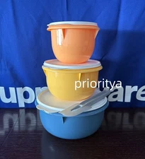 Tupperware Classic Mixing Bowl 5/8/12 Cup Set of 3 w/ Paddle Spatula Blue New