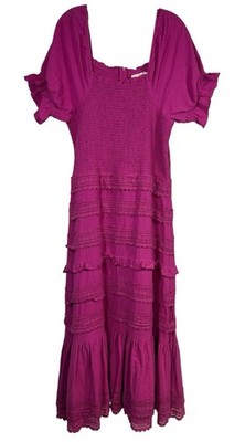NWT Ivy City Sz XL Izzy Dress Hot Pink Midi Smocked Puff Sleeve Lace Tiered New