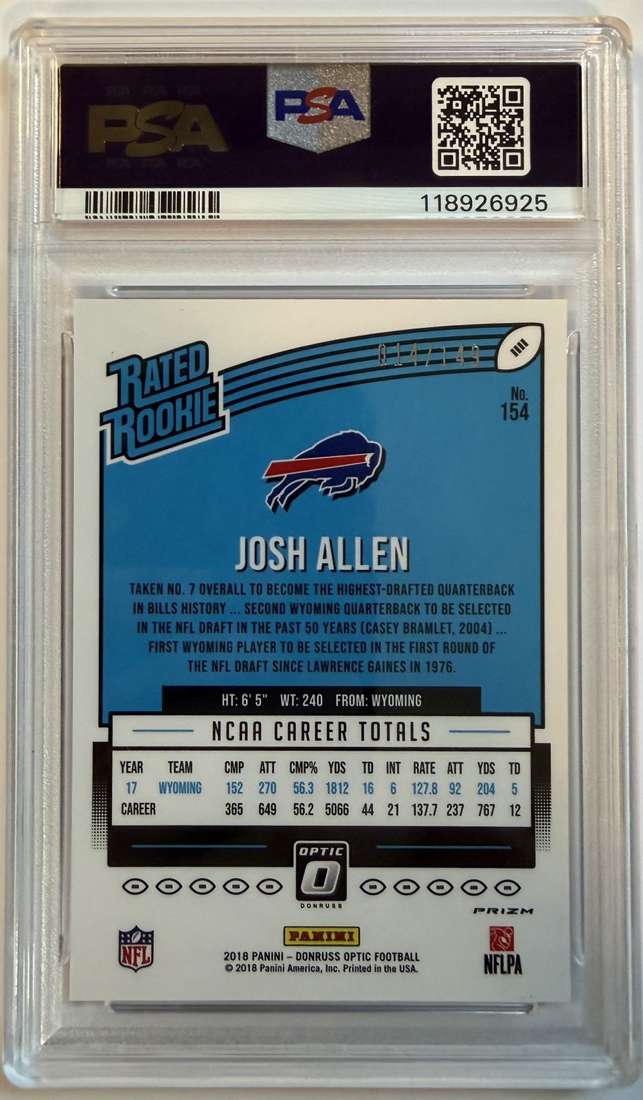 2018 Panini Donruss Optic Josh Allen Rated Rookie Blue RC #/149 Bills PSA 10 view 2