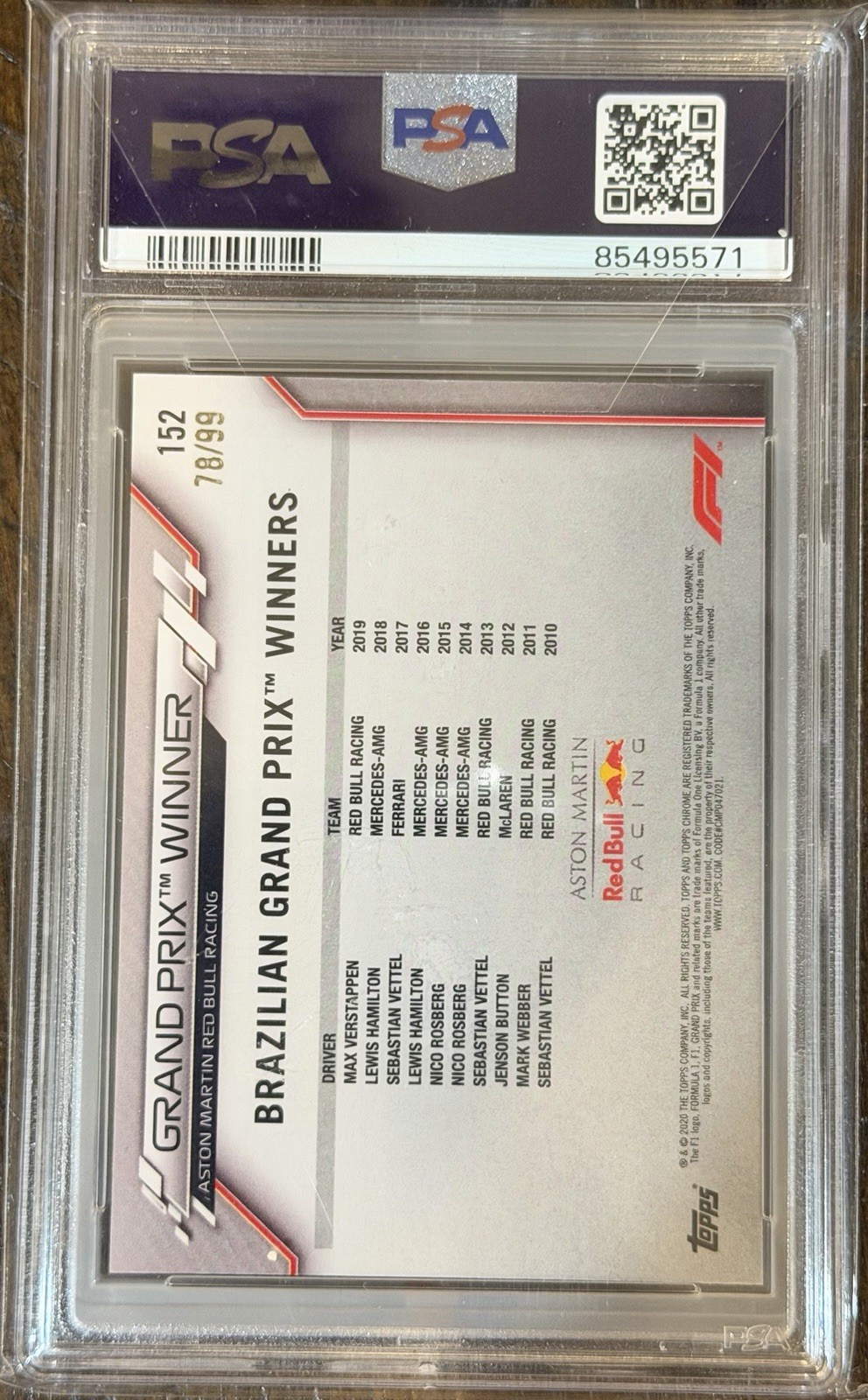 2020 Topps Chrome Max Verstappen Sapphire Edition Aqua #152 78/99 PSA 9 view 2