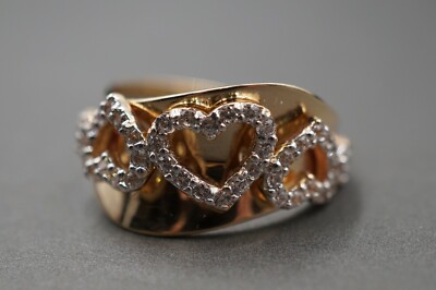 10K Solid Yellow Gold Fancy Beautiful Hearts Waved CZ Band Ring. Size 7
