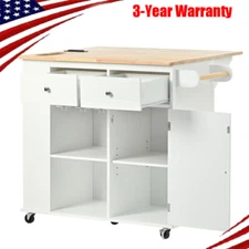 Kitchen Storage Island W/ Power Outlet & Wine Rack,Wheels,Drop Leaf,Rubber Wood