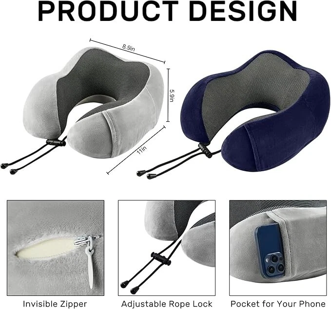 3-Pack Memory Foam Travel Neck Pillow for Airplanes - Grey Blue Black