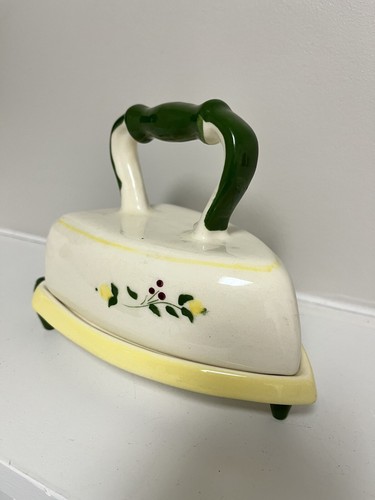 VTG BROCK OF CALIFORNIA YELLOW FARMHOUSE BUTTER DISH W/LID IRON & RESTING PLATE - 第 1/7 張圖片
