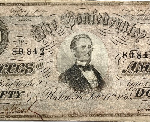 HELLE ORIGINALE ANTIKE BANKNOTE 1864 50 $ CSA KONFÖDERIERTE STAATEN VON AMERIKA - Bild 4 von 7