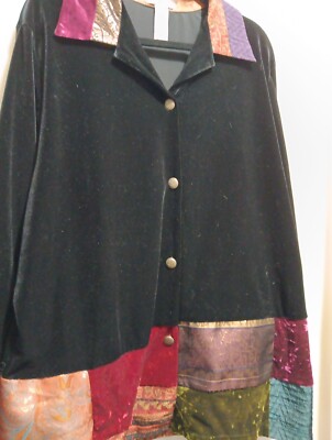 Womens 3X Notations Black Velvet Patchwork Multicolor Button Up Collared Blouse
