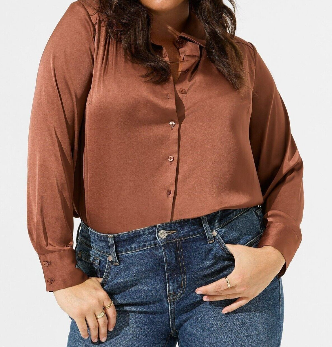 Torrid Madison Satin Button-Up Long Sleeve Shirt Brown Plus 1 1X