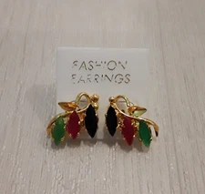 Festive Tri-Color Leaves On The Branch Earrings VIVID BLACK RED GREEN COLORS