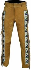 Men Native American Western Cowboy Leather Pants Suede Fringe Full Leg Beaded