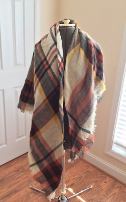 Red Camel Blanket Wrap Beige Rewind Patchwork Fall Scarf One Size Fringe Trim NW
