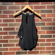 American Eagle Black and White Polka Dot Cold Shoulder Flounce Top