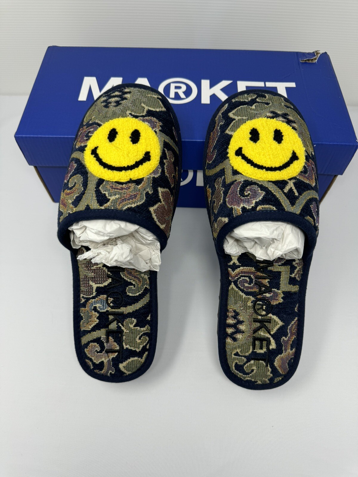 PANTOFOLA D’ORO Pantofole Chinatown MARKET Smiley uomo taglia 9 ricamate nuove con scatola splendido regalo