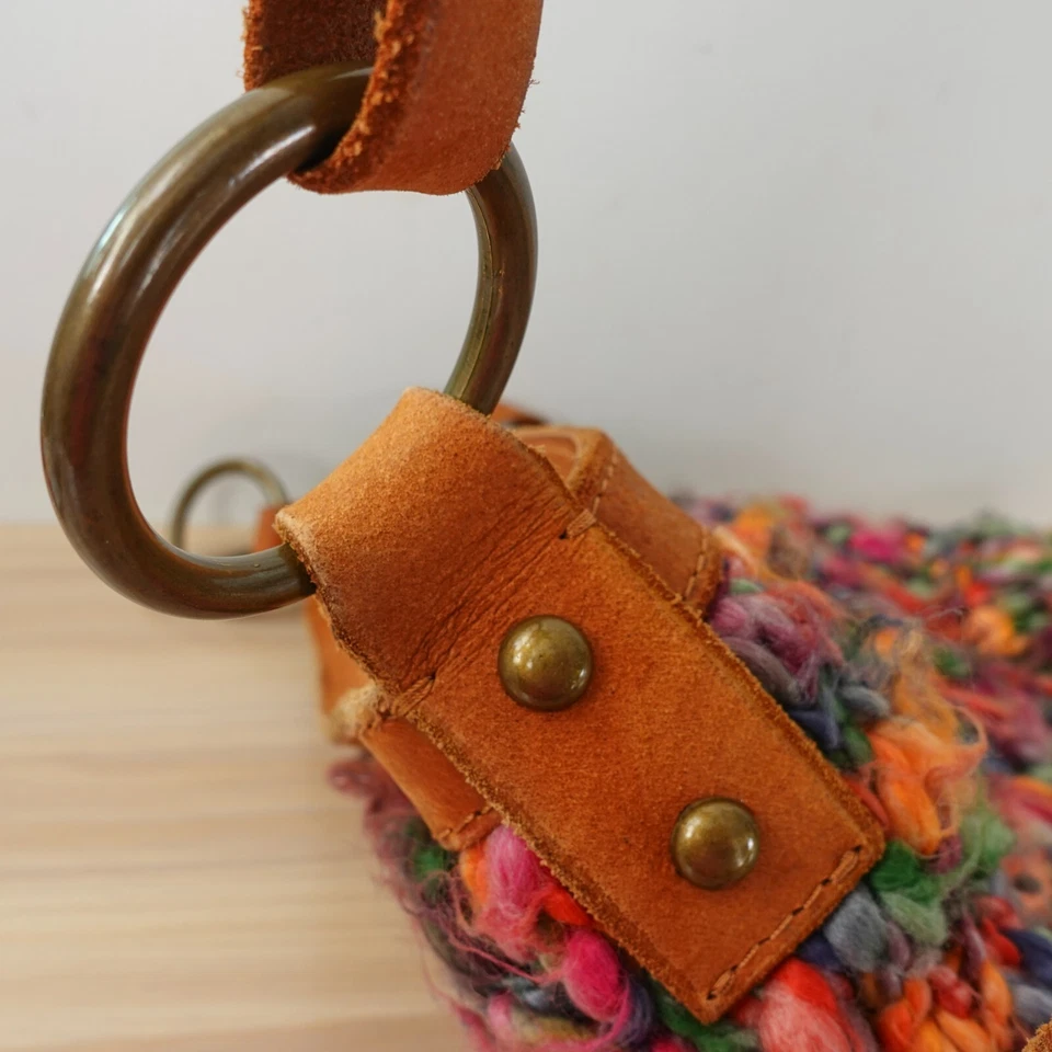 90s VINTAGE Lucky Brand Bag Western Whimsy Knit Braided Wool Fringe Hobo Tassel - Image 4 of 4