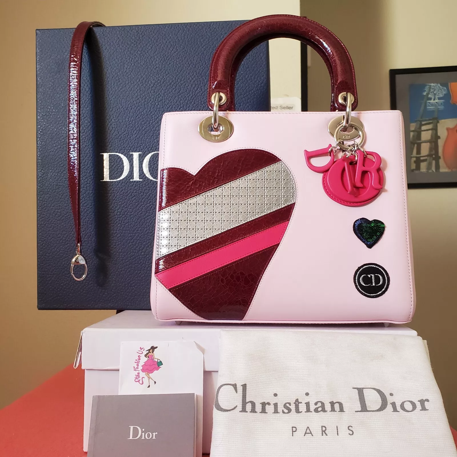 Sac Lady Dior rose cœur Saint Valentin édition limitée moyen poignées rouges