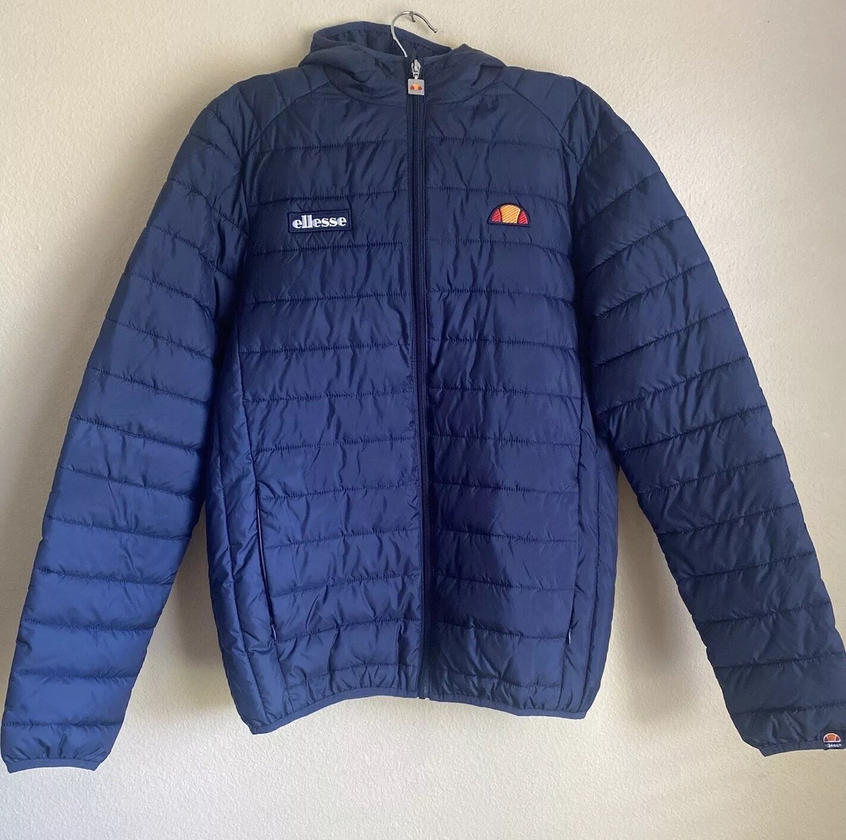 MEN’S ELLESSE LOMBARDY FULL ZIP PUFFER LOGO PADDED JACKET NAVY COAT S NWOT