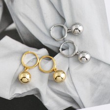 Sterling Silver 925 Huggie Hoop Drop Earrings with Round Ball Charm