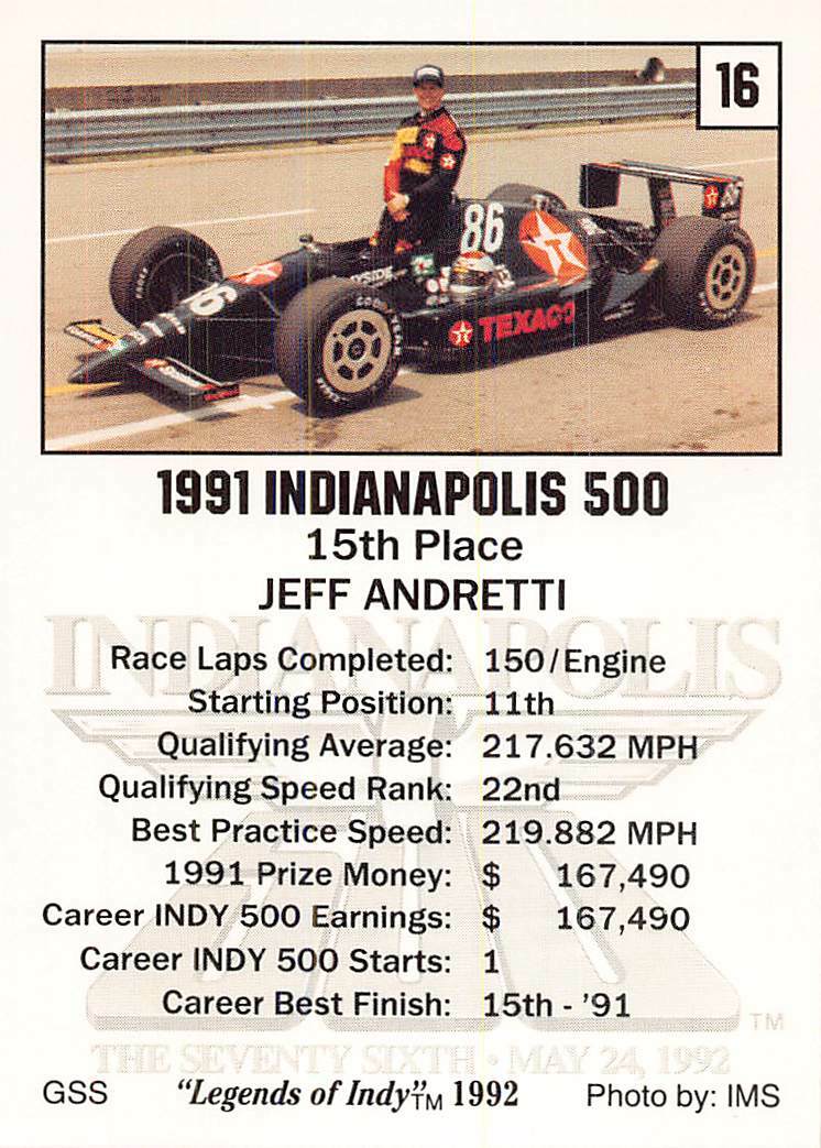 Legends of Indy Trading Card #16 JEFF ANDRETTI 15TH Indianapolis
