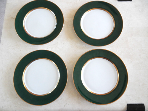 4 Fitz & Floyd - Renaissance Dark Green/Gold trim Dinner Plates NWOT