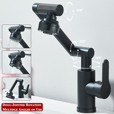 Black Bathroom Sink Faucet 1080° Swivel Robotic Arm Single Handle Vanity Faucet