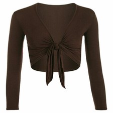 Women Long Sleeve Open Front Cropped Shrug Ladies Tie Up Front Casual Bolero Top