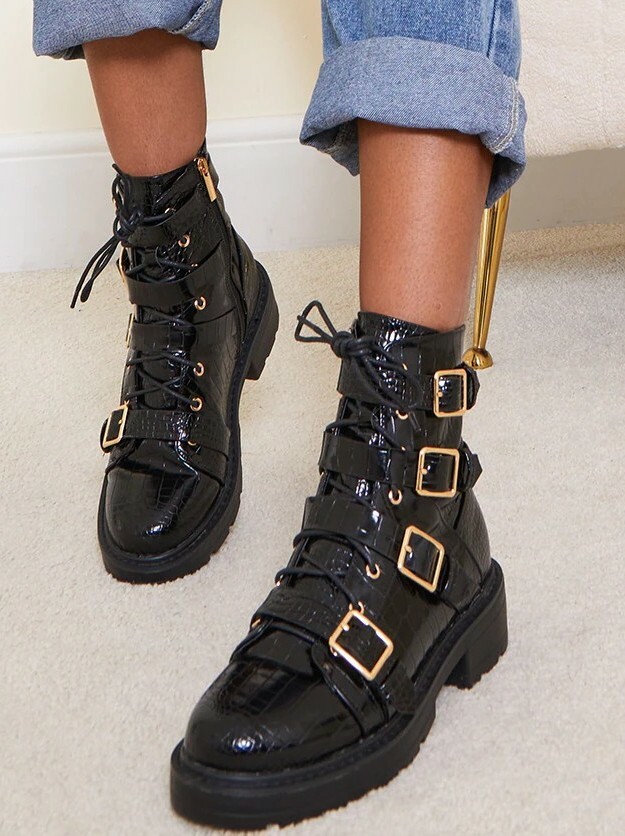 Patent New Look Lace Up Flat Boots In Black Croc Brand New Size UK