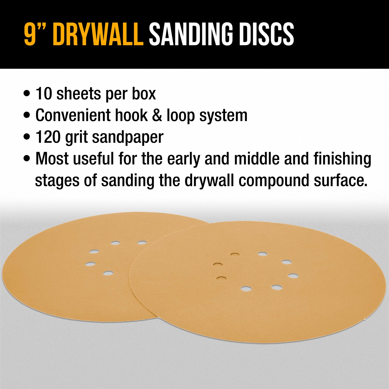 10 - 9" Drywall Sanding Discs, 120 Grit - 8 Hole Pattern Hook & Loop Sandpaper